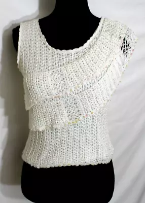 Buy VTG KROSHETTA White Crochet Knit Blouse Size Medium Layered Sequins Short Sleeve • 48.14£