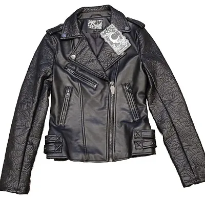 Buy KILLSTAR Black Vegan Leather Motorcycle Jacket Spiderweb Embroidery Women Sm NEW • 94.50£
