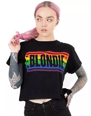 Buy Blondie Cropped T-Shirt Women Ladies Rainbow Band Logo Black Crop Top • 16.99£