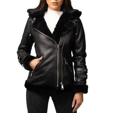 Buy Women's B3 Bomber Black Sheepskin Jacket Shearling Fur Coat Real Leather Jacket • 94.44£