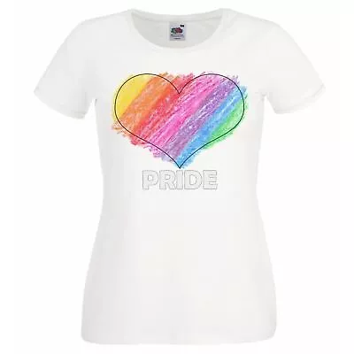 Buy Ladies White LGBT Rainbow Crayon Love Heart Gay Pride March T-Shirt • 12.95£