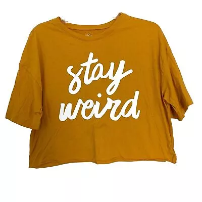 Buy Arizona Jean Co Mustard Yellow Stay Weird Graphic Cropped Short Sleeve Top M/L • 17.52£