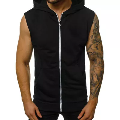 Buy Mens Sleeveless Sweatshirt Hooded Casual Tank Top Plain Bodybuilding Muscle Vest • 10.02£