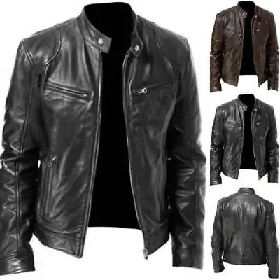 Buy Mens Leather Jacket Stand Collar Motorcycle Black Cowhide Marlon Biker Jacket • 29.63£