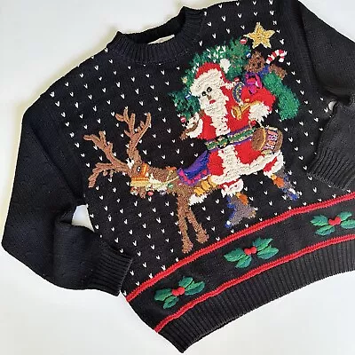 Buy Vintage Casual Corner Christmas Sweater Santa Holly Black Chunky Knit Women’s L • 53.07£