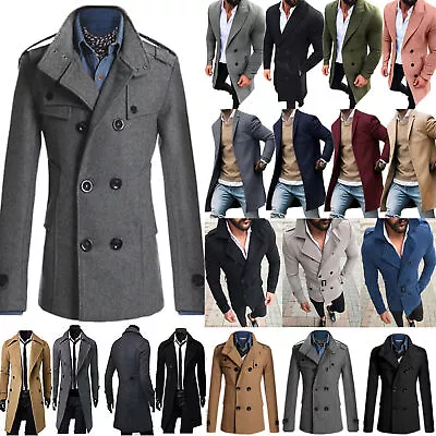 Buy Man Winter Warm Trench Coat Double Breasted Overcoat Woolen Long Jacket Outwear • 41.06£
