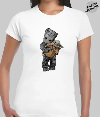 Buy Baby Yoda Baby Groot Ladies T Shirt Funny Cool Star Guardian Jedi Galaxy Wars • 10.99£