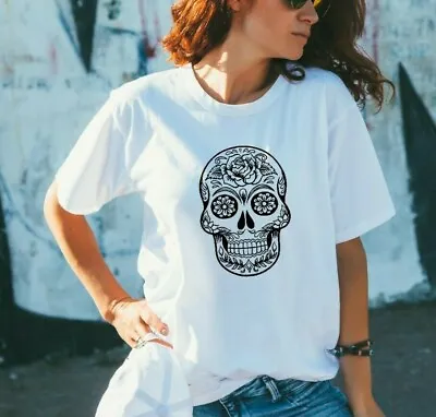 Buy Sugar Skull Mexican Day Of The Dead Ladies T Shirt Hipster Top Black White Grey  • 10.50£