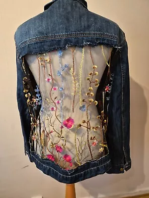 Buy Recycled Denim Jacket With Black Embroidered Floral Lace • 35£