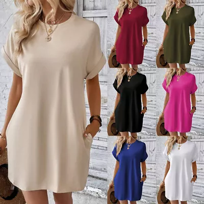 Buy Women Short Sleeve Mini Dress Summer Casual Plain Loose Pockets T-Shirt Dresses • 11.89£