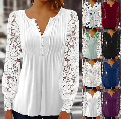 Buy Women's Lace V-Neck Tops T-Shirts Ladies Long Sleeve Casual Blouse Tee Plus Size • 16.45£
