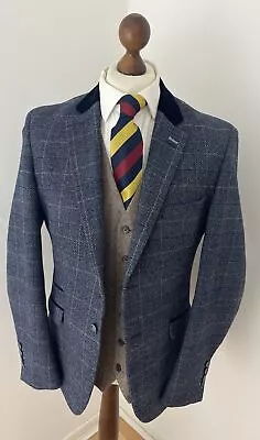 Buy House Of Cavani Men’s Blue Tweed Check Style Blazer Jacket Velvet Collar 40R • 39.99£