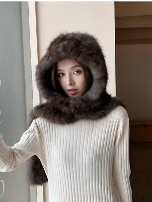 Buy Women Winter 100% Genuine Sable Fur Hooded Scarf Warm Mink Fur Hat Caps • 187.60£