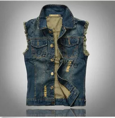 Buy Waistcoat Big Size Mens Vest Jacket Fastener Denim Jeans Sleeveless Jacket S-6XL • 15£