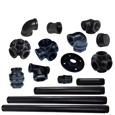 Buy 3/4 BSP MALLEABLE STEAMPUNK With Cast Iron Pipe BLACK Painted Iron Pipe Fittings • 1.29£