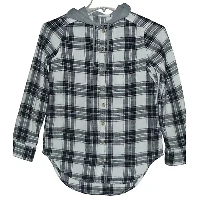 Buy SO Hoodie Shirt Womens XS Flannel Plaid Black White Turquoise Button Down Hood • 11.33£
