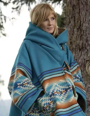 Buy Kelly Reilly Jacket Beth Dutton Yellowstone Blue Hooded Fleece Poncho Women Coat • 56.14£