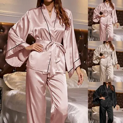 Buy Womens Satin Pyjama Set Silky Summer Lounge Wear Pajamas Long Sleeve Kimono Pjs • 4.99£