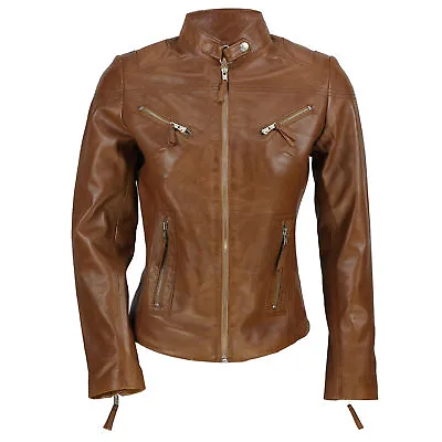 Buy Ladies Women’s Real Leather Vintage Fitted Tan Brown Biker Jacket Size S – 5XL • 59.99£