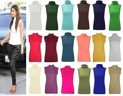 Buy  Womens Ladies Sleeveless Plain Polo High Neck Turtle Slim Fit Top Vest T-Shirt • 6.95£