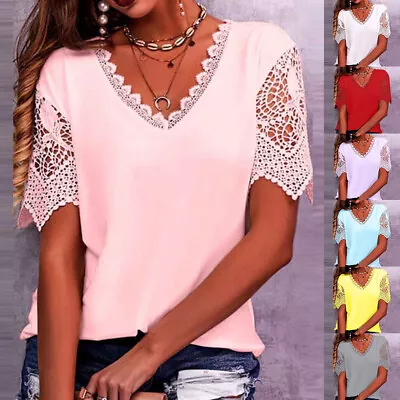 Buy Plus Size Ladies Summer Short Sleeve T Shirt Tops Womens V-Neck Lace Blouse Tee • 4.29£