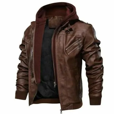 Buy Genuine Mens Brown Leather Biker Style Leather Jacket Removable Hood • 95.99£
