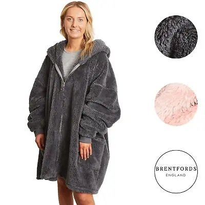 Buy Brentfords Teddy Fleece Blanket Hoodie Oversized Zip Up Adult Womens Cardigan UK • 12.49£
