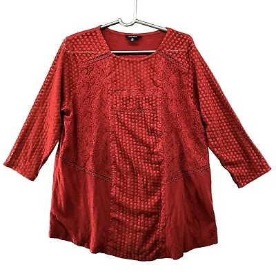 Buy Lucky Brand T Shirt Womens 1X Wine Red Embroidered Mesh Sleeves Boho Round Neck • 17.38£