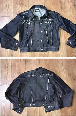 Buy Womens Denim Jacket Size 12 UK  Indigo Blue Destroyed Denim FESTIVAL JACKET • 4.99£