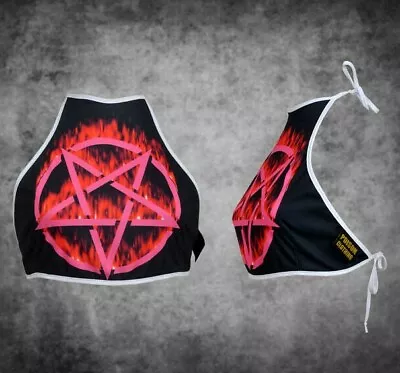 Buy Pentagram Halterneck Top Satanic Pink Flame Gothic Fashion Crop Top Festival Y2k • 19.95£