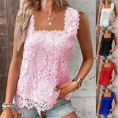 Buy Womens Casual Vest Cami Lace Tops Blouses Summer Sleeveless Tee Shirts Plus Size • 9.20£