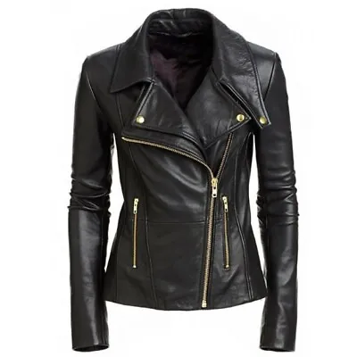 Buy Women's Black Slim Fit Biker Faux Leather Designer Golden Zipper Fashion Jacket • 34.99£