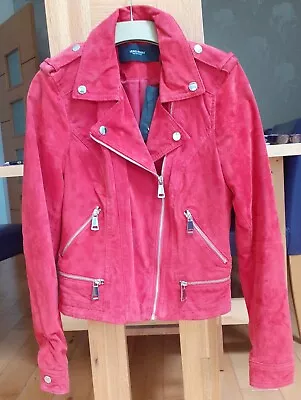 Buy Vero Moda Coral Red Real Suede Leather Biker Jacket Size Medium  • 53£