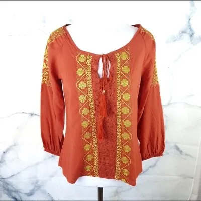 Buy NEW Prairie Peasant Blouse Sz S Orange Folklore Embroidered Gypsy Tunic Top NWT • 15.46£