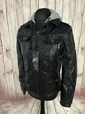 Buy Mens Young & Rich Faux Leather Hooded Jacket Coat Biker Black Small BRAND NEW • 39.95£