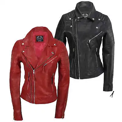 Buy Ladies Women Black Red Soft Real Leather Biker Jacket Slim Fit Size UK 8 To 24 • 59.99£