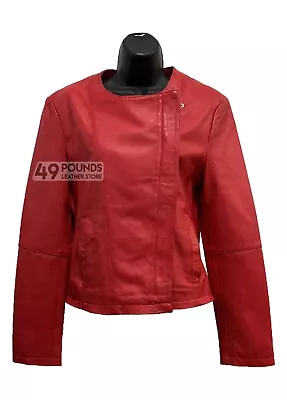 Buy Ladies Collarless Red Classic Fitted Biker Style Real Leather Jacket HL-53 • 41.65£