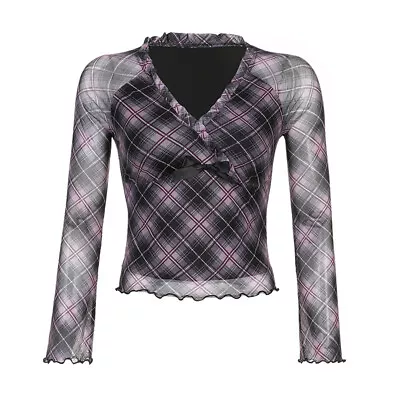 Buy Mesh T-Shirts Women Frills Trim Pink Stripe Plaid V Neck Bow Japanese Kawaii • 19.99£