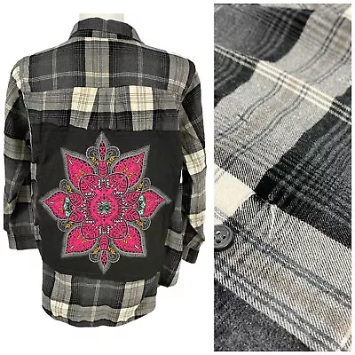 Buy Upcycled Flannel Shirt Womens 2X Gray Namaste Plaid Boho Country Grunge Camp • 38.90£
