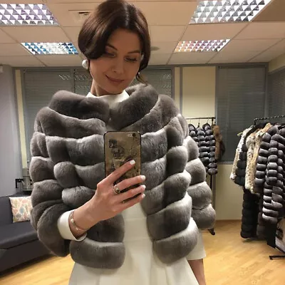 Buy Women's Real Chinchilla Rex Rabbit Fur Coat Collarless Jacket Overcoat Grey • 352.74£