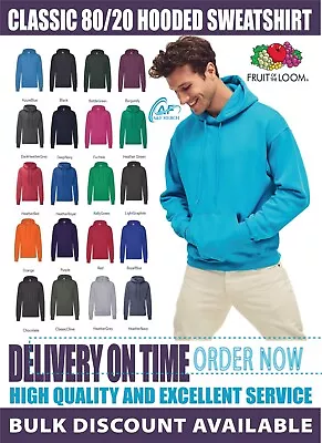 Buy Fruit Of The Loom Classic 80/20 Hooded Sweatshirt Plain Pullover Jumper SS224 • 15.99£