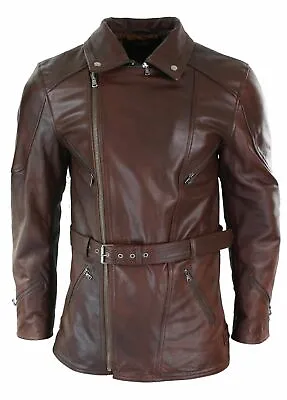 Buy MEN BROWN BELTED Sheepskin Leather Jacket Stylish Motorcycle Slim Fit Biker Coat • 152.40£