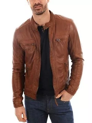 Buy Men's Genuine Lambskin Leather TAN Brown Slim Fit Biker Motorcycle Jacket • 89.99£