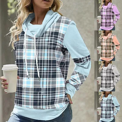 Buy Women Plaid Check Hooded Sweatshirt Ladies Hoodies T-Shirt Tops Blouse Size 16 • 13.49£