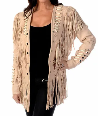 Buy NEW-Womens Suede Leather Beige Fringe Native American Western Style Coat, Jacket • 139.99£