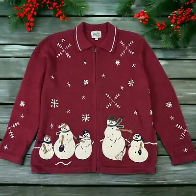 Buy VTG Christmas Holiday Sweater Cardigan XL Red Knit Full Zip Snowmen Snowflakes • 23.67£