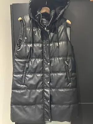 Buy Ladies Zara Black Faux Leather Longer Gilet Medium With Hood • 20£