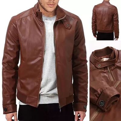 Buy Trendy Men's Retro Cafe Leather Biker Slim Fit Stand Collar Jacket Tops • 29.35£