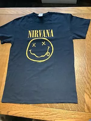 Buy Nirvana Shirt Medium  Black Smiley Face Kurt Cobain Rock Band Tee 90s Gildan • 20£