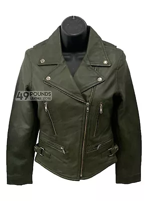 Buy BRANDO Ladies Olive Green Biker Style Motorcycle Lambskin Leather Jacket P-460 • 41.65£